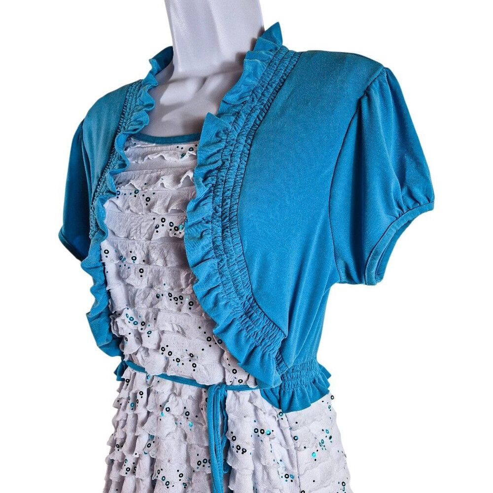 Y2K Speechless L Coastal Blue White Sequin Ruffle Dress Shrug Midi Party Dress - Picture 3 of 9